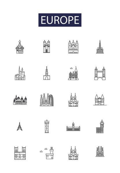 Europe line vector icons and signs. continent, Countries, Geography, Map, European, Travel, Historic, Culture vector outline illustration set