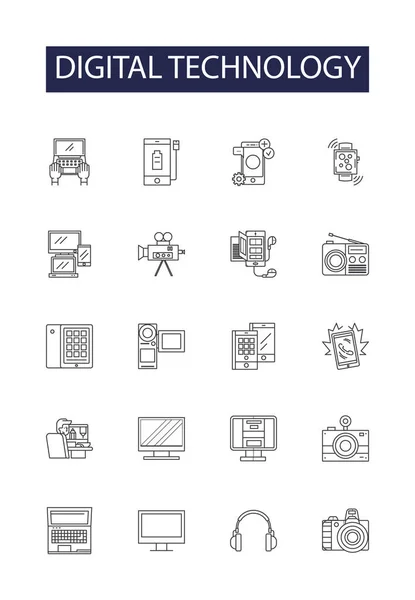 stock vector Digital technology line vector icons and signs. Technology, Computers, Networks, Software, Automation, Internet, Robotics, AI vector outline illustration set