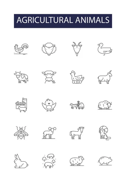 Сельскохозяйственные Животные Линии Векторных Икон Знаков Свинья Овцы Козел Курица — стоковый вектор