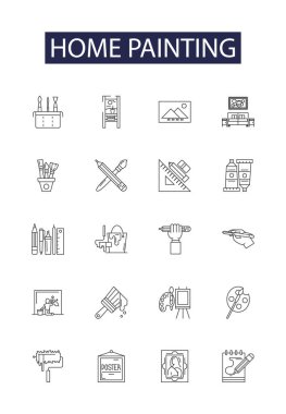 Ev boyama çizgisi vektör simgeleri ve işaretleri. Ev, İç, Dış, Duvar, Oda, Renkler, Fırçalar, Süsleme vektör çizimi