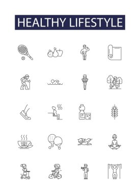 Sağlıklı yaşam çizgisi vektör simgeleri ve işaretleri. Beslenme, Egzersiz, Denge, Ölçülülük, Hidrasyon, Uyku, Yiyecek, Etkinlik vektör çizelgesi
