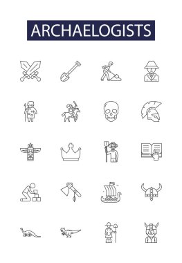 Arkeologlar çizgi vektör simgeleri ve işaretleri. Fosil, Dig, Discovery, Research, Unear, Ancient, Relic, Kazı vektörü çizimi