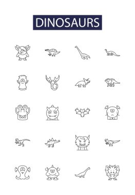 Dinozorların çizgi vektör simgeleri ve işaretleri. Sürüngenler, Fosiller, Raptorlar, Pterozor 'lar, Brontosaurus' lar, Tyrannosaurus 'lar, Kertenkele, Pençe çizim çizimi