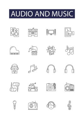 Ses ve müzik hattı vektör simgeleri ve işaretleri. Ses, Sesler, Melodiler, Şarkılar, Perküsyon, Şarkı Yazma, Akustik, Prodüksiyon vektör çizimi
