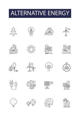 Alternatif enerji çizgisi vektör simgeleri ve işaretleri. Güneş, Rüzgar, Hidro, Jeotermal, Biyokütle, Nükleer, Gelgit, Okyanus vektör çizimi