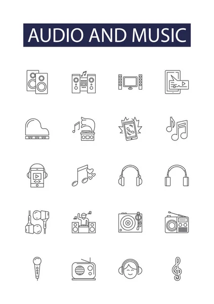Audio Música Línea Vectorial Iconos Signos Audio Sonidos Melodías Canciones — Archivo Imágenes Vectoriales