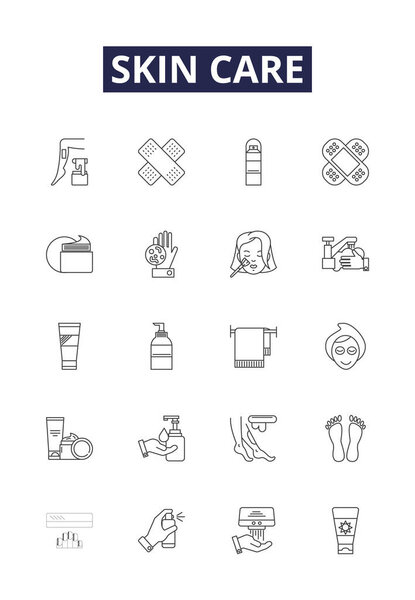 Skin care line vector icons and signs. Cleansing, Sunscreen, Exfoliating, Brightening, Acne, Scrubbing, Toning, Nourishing vector outline illustration set