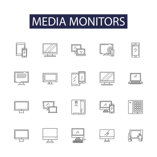 Mídia Monitora Ícones Sinais Vetoriais Linha Monitores Radiodifusão Rastreadores Observadores — Vetor de Stock