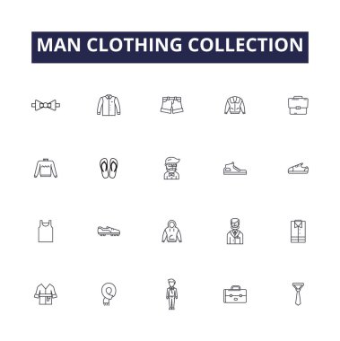İnsan giyim koleksiyonu vektör çizgisi simgeleri ve tabelaları. Giysiler, Giyim, Kıyafetler, Takım Elbiseler, Pantolonlar, Pantolonlar, Gömlekler, Tişörtler