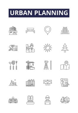Şehir planlama çizgisi vektör simgeleri ve işaretleri. şehir, tasarım, proje, şehir, mimari, plan, konsept, kasaba vektör özeti çizimi