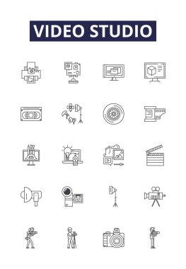 Video stüdyo çizgisi vektör simgeleri ve işaretleri. Video, Düzenleme, Çekim, Yapım, Kayıt, Kameralar, Işıklandırma, Yeşil Ekran vektör çizimi