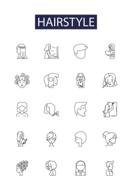 Saç stili çizgisi vektör simgeleri ve işaretleri. moda, kadın, saç stili, yüz, saç stili, model, güzel vektör çizim çizimi