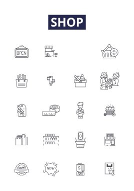 İş yeri çizgisi vektör simgeleri ve tabelaları. Butik, Pazar, Satın Alım, Satım, Ticaret, Ticaret, Dükkan, Perakende vektör çizimi