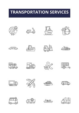 Transportation services line vector icons and signs. Trains, Boats, Planes, Taxis, Buses, Vans, Rideshare, Cycling vector outline illustration set clipart