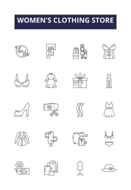 Kadın giyim mağazası vektör simgeleri ve tabelaları. Giysi, mağaza, elbise, etek, ceket, süveter, kot pantolon vektör çizimi