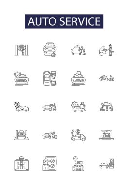 Otomatik servis çizgisi vektör simgeleri ve işaretleri. Servis, Onarım, Tune-up, Bakım, Teşhis, Yağ, Lastik, Fren vektörü çizimi çizimi