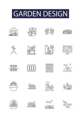 Garden design line vector icons and signs. plan, planting, flowers, shrubs, edging, lawn, beds, borders vector outline illustration set clipart