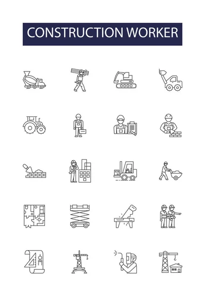 Construction Worker Line Vector Icons Signs Mason Carpenter Plumber Electrician — Stock Vector