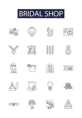 Gelinlik mağazası vektör simgeleri ve tabelaları. gelin, mağaza, düğün, elbise, moda, gelin, elbise, güzel vektör çizim çizimi