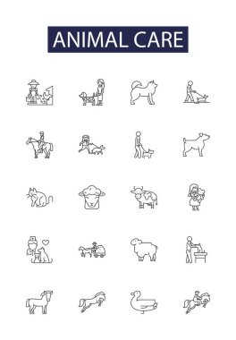 Hayvan bakım hattı vektör simgeleri ve işaretleri. Bakım, Veteriner, Hayvan, Besleme, Bakım, Eğitim, Konut, Üreme vektör çizelgesi çizimi