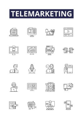 Tele pazarlama hattı vektör simgeleri ve işaretleri. Soğuk Çağrı, Arama, Otomatik, Gelen, Öncü Üretim, Satma, Randevular, Tele-satış vektör çizelgesi çizimi