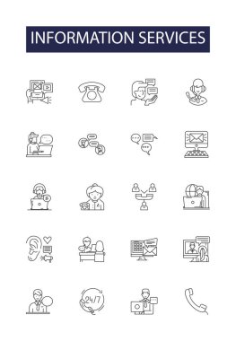 Bilgi hizmetleri çizgi vektör simgeleri ve işaretleri. hizmet, iş, teknoloji, internet, iletişim, bilgisayar, insan, teknik vektör ana hatları çizimi