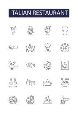 İtalyan restoran hattı vektör simgeleri ve tabelaları. Pizza, Risotto, Tiramisu, Caprese, Salami, Biscotti, Parmesan, Ravioli vektör çizimi