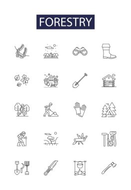 Orman çizgisi vektör simgeleri ve işaretleri. Ormancılık, kereste, ön yönetim, keresteleme, ormanlık, silvikültür, yeniden ağaçlandırma, ağaçlandırma vektör çizimi