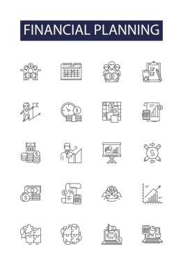 Financial planning line vector icons and signs. Planning, Investing, Budgeting, Savings, Retirement, Insurance, Wealth, Strategies vector outline illustration set clipart