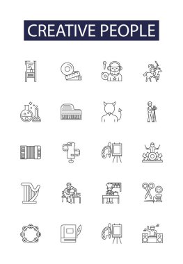 Yaratıcı insanlar vektör simgeleri ve işaretleri çizerler. Innovator, Inventor, Dreamer, Thinker, Composer, Designer, Writer, Poet vektör özeti çizimi