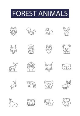Orman hayvanları vektör simgeleri ve işaretler çiziyor. Ayılar, Kurtlar, Sincaplar, Geyikler, Vaşak, Yaban Domuzu, Tavşanlar, Porsuklar çizim çizelgesi