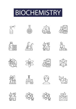 Biochemistry line vector icons and signs. Metabolism, Enzymes, Proteins, Aminoacids, Lipids, Carbohydrates, Nucleicacids, Membranes vector outline illustration set clipart