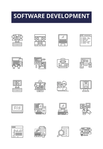 Línea Desarrollo Software Vectorial Iconos Signos Software Codificación Programación Pruebas — Archivo Imágenes Vectoriales