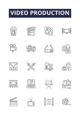 Video üretim hattı vektör simgeleri ve işaretleri. Sinematografi, kurgu, sıralama, film, canlı yayın, post-prodüksiyon, kayıt, ses izleme vektör çizimi