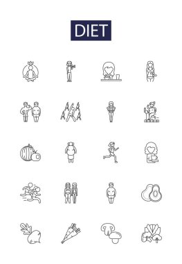Diyet çizgisi vektör simgeleri ve işaretleri. Beslenme, Gıda, Egzersiz, Ağırlık, Sağlık, Düşük Yağ, Kalori, Düşük Karbonhidrat çizim çizelgesi