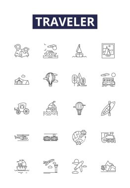 Gezgin çizgisi vektör simgeleri ve işaretleri. Turist, Pilgrim, Wanderer, Serseri, Explorer, Trekker, Excursionist, Tripper vektör çizelgesi çizimi