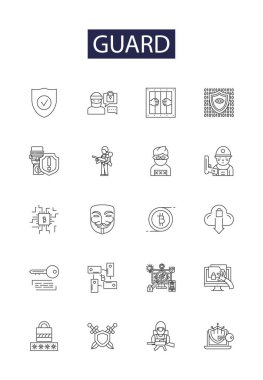 Koruma hattı vektör simgeleri ve işaretleri. Defender, Custodian, Keeper, Shield, Preserver, Protector, Warden, Watchman vektör çizimi
