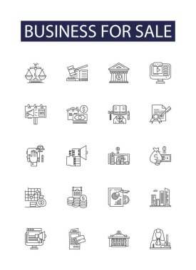 Business for sale line vector icons and signs. Buy, Venture, Franchise, Merger, Investment, Startup, Company, Acquisition vector outline illustration set clipart