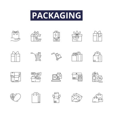 Ambalaj çizgisi vektör simgeleri ve işaretleri. Paketleme, Kaplama, Kartonlama, Mühürleme, Sandık, İçerme, Etiket, Taşıma vektör çizimi çizimi