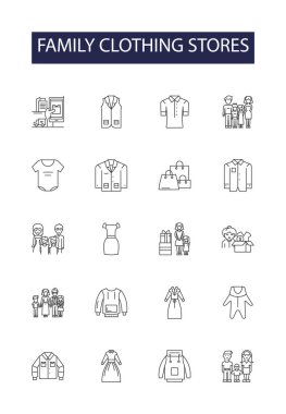 Aile giysileri çizgi vektör simgeleri ve tabelalar depoluyor. Çocuklar, Bebek, Takım Elbiseler, Kıyafetler, Ayakkabılar, Denim, Kot, Tops vektör çizimi