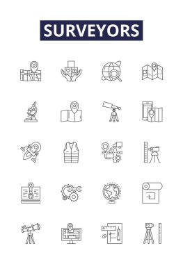 Surveyors line vector icons and signs. Mapping, Geologists, Survey, Measurement, Surveying, Geomatics, Civil, Cartography vector outline illustration set clipart