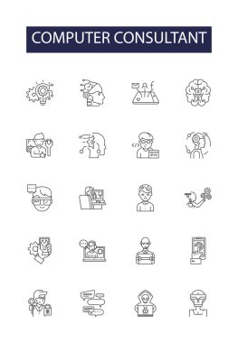 Bilgisayar danışmanı çizgi vektör simgeleri ve işaretleri. Danışman, IT, Danışman, Destek, Uzman, Teknik, Profesyonel, Sistem vektör özeti çizimi