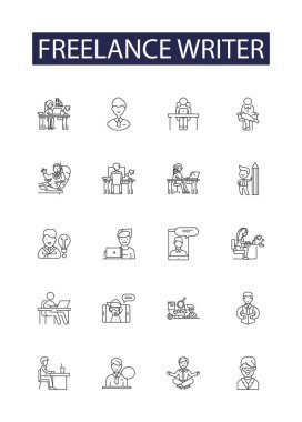 Serbest yazar çizgisi vektör simgeleri ve işaretleri. Yazar, Editör, Uzak, İçerik, Hayalet, Gazeteci, Yaratıcı, Yazar vektör özeti çizimi