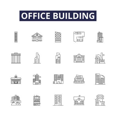 Ofis çizgisi vektör simgeleri ve tabelaları. ofis, bina, mimari, şehir, şehir, şehir, modern, gökdelen, tasarım vektör çizelgesi çizimi