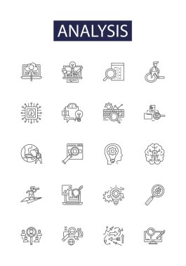 Analiz çizgisi vektör simgeleri ve işaretleri. Değerlendirme, İnceleme, İnceleme, Gözlem, Çalışma, Analiz, Vektör Özeti Tanımlama Kümesi