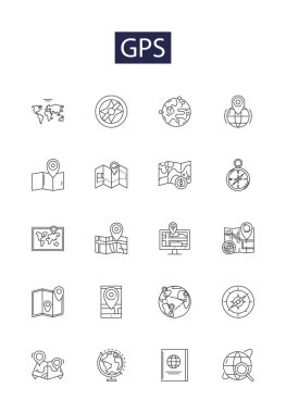 GPS çizgisi vektör simgeleri ve işaretleri. Konum, Sistem, Navigasyon, İzleme, Haritalama, Uydu, Ağ, Yer bulucu vektör çizimi çizimi
