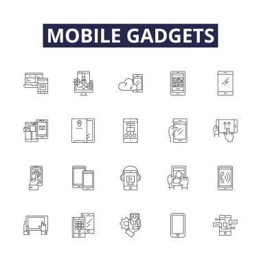 Mobil aygıtlar çizgi vektör simgeleri ve işaretleri. Tabletler, Şarjlar, Vakalar, Kulaklıklar, Kulaklıklar, Smartwatches, Kablolar, Rıhtım vektör çizelgesi çizimi