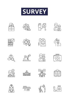 Anket çizgisi vektör simgeleri ve işaretleri. Anket, Anket, Değerlendirme, İnceleme, İnceleme, İnceleme, Ölçü, Sorgu vektör özeti çizimi