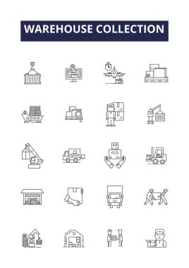 Depo koleksiyon hattı vektör simgeleri ve tabelaları. Toplama, Lojistik, Tamamlama, Depolama, Toplama, Envanter, Dağıtım, Vektör Özeti Çizimi
