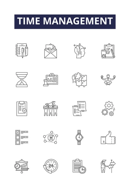 Time Management Line Vector Icons Signs Organizing Prioritizing Planning Delegating — Stock Vector